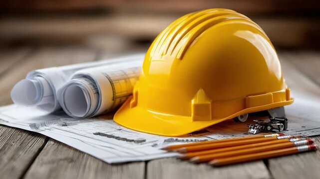 Blueprint for Progress: A high-angle composition showcases a construction helmet and rolled-up blueprints resting on an architect's table, accompanied by pencils, embodying the essence of design.