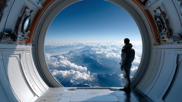 The Explorer's Gaze: An astronaut surveys Earth from the vastness of space, framed by the futuristic elegance of a spacecraft's circular window, evoking a sense of wonder and boundless exploration.