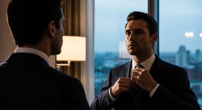 Confident Businessman Adjusting Tie in Luxury Apartment with City Skyline View