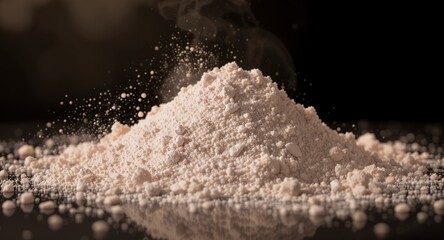 A pile of fine powder with steam rising, close-up studio shot