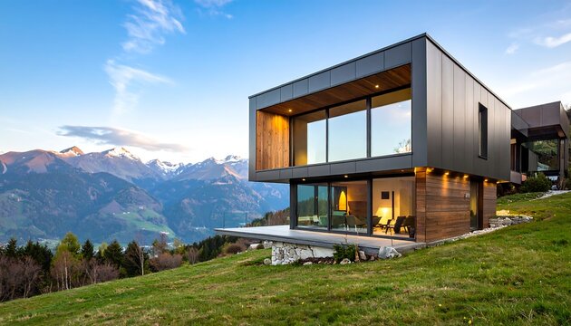 Modern house on a hillside with mountain view