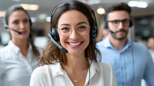 Smiling Support Team: A group of friendly support representatives, with headsets, radiates professionalism. A beautiful scene of commitment to excellence in customer assistance. 