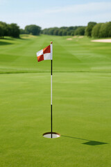 Golf Flag on Green with Hole Cup in Foreground