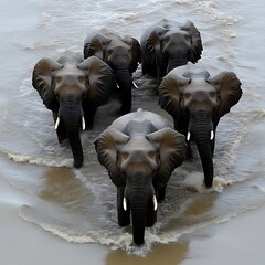 Five elephants crossing a river