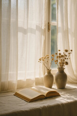 Cozy Reading Nook with Sunlight and Dried Flowers