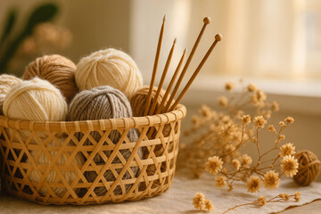 Cozy Basket of Yarn with Wooden Knitting Needles