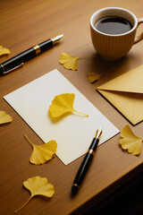 Autumn Writing Desk with Coffee and Ginkgo Leaves