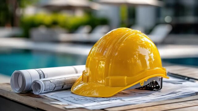 Construction Blueprint: A yellow hard hat rests atop construction blueprints, symbolizing architectural planning and project management. A visual ode to creativity.