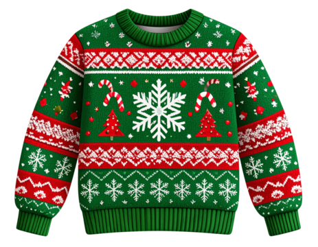  Ugly Christmas Sweater with Classic Holiday Motifs – AI Generative Illustration Isolated on Transparent Background PNG