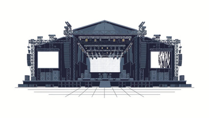 Illustration of an empty concert stage, perfect for music events, with stage lighting, side screens, and equipment. A venue ready for performance, entertainment, and audience enjoyment