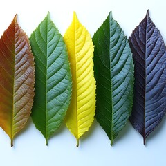 Five leaves, transitioning in color from reddish-brown to deep purple-black, laid out in a horizontal row against a white background.  Each leaf displays distinct veining and a similar ovate shape