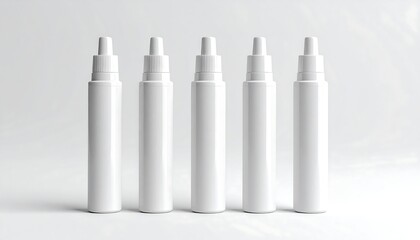 Five identical white cylindrical bottles, each with a dropper top, are arranged in a straight line against a plain white background