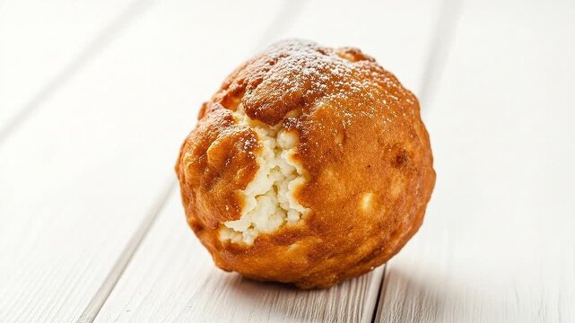 A golden-brown fried pastry dusted with white powdered sugar sits on a white wooden surface A bite reveals its lumpy white filling