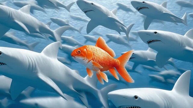 Golden Fish Amidst Predators: A single goldfish boldly swims through a sea of sharks, showcasing individuality and courage in the face of adversity. A surreal and captivating visual.