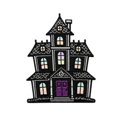 Whimsical embroidered haunted house patch with colorful windows for halloween