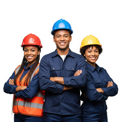 Diverse team of smiling construction workers in hard hats and safety gear