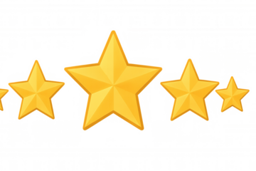 Glossy golden star icons displayed on a transparent background, symbolizing rating, review, ranking, feedback, and success