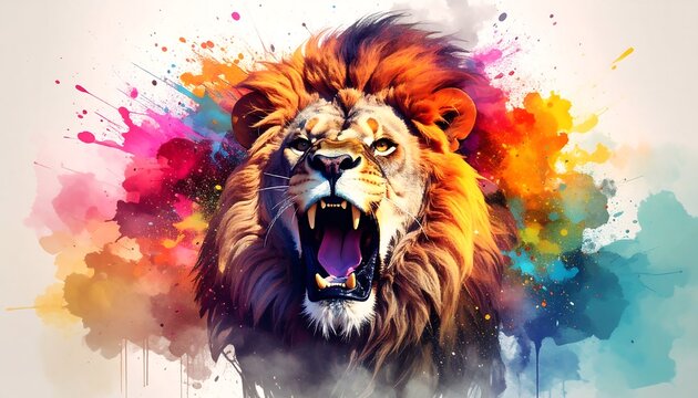Lion portrait with vibrant splashes - Powered by Adobe