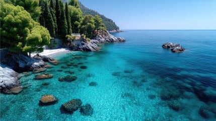 Fototapeta premium Aerial View of Turquoise Sea Water and Rocky Coastline with Green Trees on Sunny Day Cliffside Rock Formation and Reflections in Water Scenery