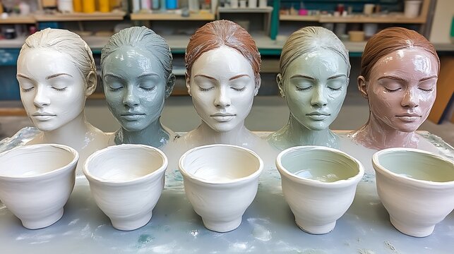 Five plaster busts, each with a different colored clay mask, arranged in a row, with matching ceramic bowls beneath - Powered by Adobe
