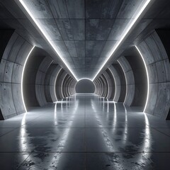 Futuristic concrete tunnel with glowing lights