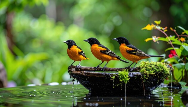 Three vibrant orange and black birds rest gracefully on a water fountain, bathed in lush greenery.