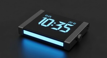 Modern glowing digital clock displaying time on sleek black surface, perfect for tech product mockups, time management concepts, or minimalist design inspiration