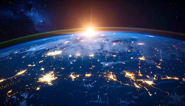 Earth at sunrise, city lights