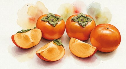 葉のついたおいしそうな柿の水彩画イラスト