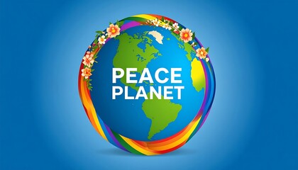 Earth globe, vibrant rainbow rings, flowers, text "PEACE PLANET