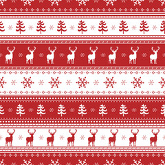 Christmas Sweater Pattern with Deer, Fir Trees, Snowflakes. Seamless Striped Print. Christmas Background with Winter Elements. Merry Christmas, Happy New Year Design. Vector illustration in Red, White