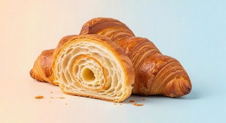Freshly baked croissants tempt with their golden, flaky layers, perfect for a delightful breakfast or a sweet treat, ideal for bakery promotions and culinary projects