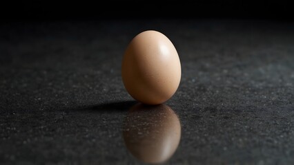Artistic photo of a single egg standing upright on dark textured surface with dramatic light
