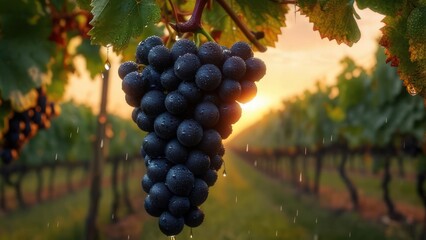 Fototapeta premium Close-up of a bunch of ripe dark grapes hanging from a vine, bathed in warm sunset light. Raindrops cling to the grapes and leaves. Rows of vines stretch into the background