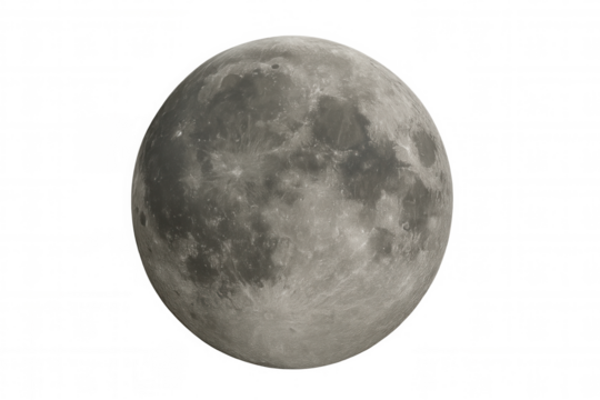 Full moon showing visible craters and lunar surface details against transparent background - Powered by Adobe