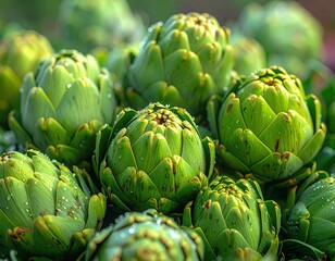 Obraz premium Close Up of Fresh Green Artichokes with Water Droplets Outdoor