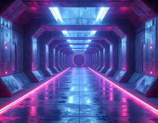 Futuristic corridor with neon lighting