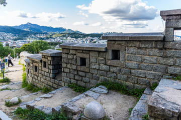 Seoul, South Korea &ndash; September.21.2025: Stone Fortress Wall at Naksan Park