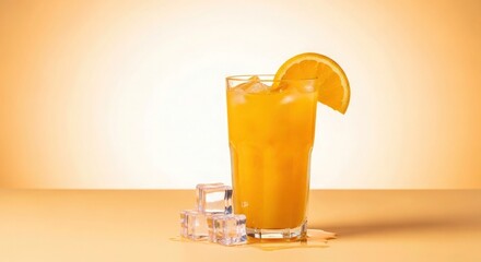Enjoy a refreshing glass of vibrant orange juice with ice cubes for a revitalizing drink, perfect for a healthy lifestyle and boosting your immune system this summer