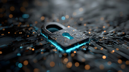 Blue glowing lock within a cybernetic circuit, highlighting secure digital systems and data protection