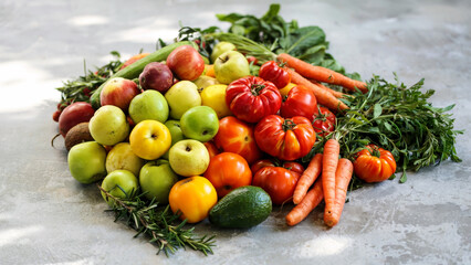 Fresh assortment of colorful fruits and vegetables arranged on a textured surface for healthy living