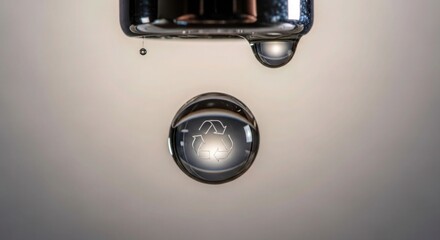 Stunning macro shot showcasing a water droplet clinging to a faucet with a recycle symbol inside, symbolizing conservation, environmental awareness, and sustainable living in a modern way