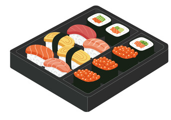 A black bento box holds various types of sushi including nigiri gunkan and maki