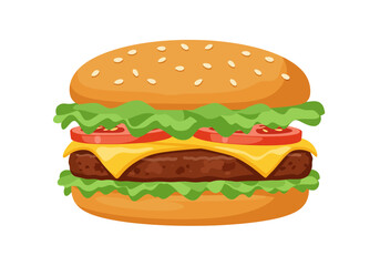A cartoonstyle burger with bun sesame seeds lettuce tomato cheese  beef