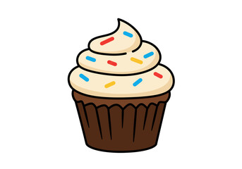 A cupcake with beige frosting and colored sprinkles atop a brown wrapper