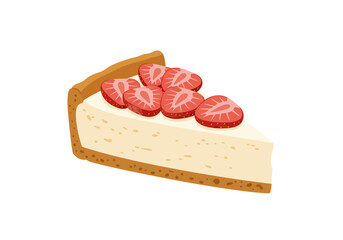 A cheesecake slice with strawberry topping on a white background