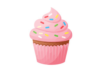 A pink cupcake with white sprinkles sits against a white background