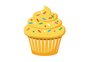 A goldenyellow cupcake with vanilla frosting and colorful sprinkles in a yellow wrapper on a white background