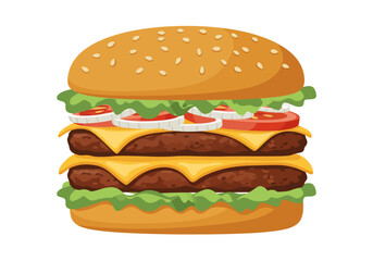 A double cheeseburger stacked with lettuce tomato onion cheese  sesame seed bun isolated on a white background