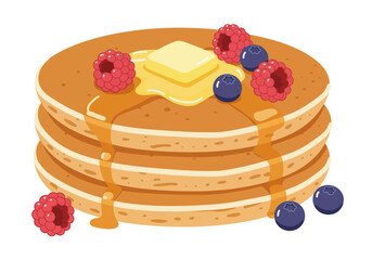A stack of pancakes topped with butter maple syrup raspberries and blueberries